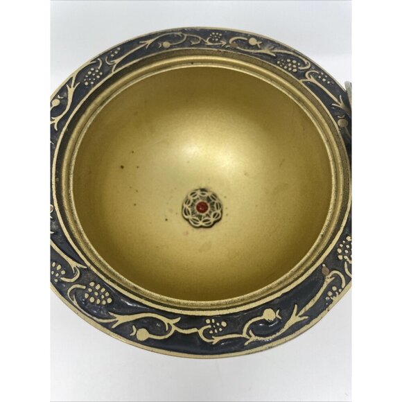 Vintage Israeli Turquoise & Brass Decorative Bowl w/ Lid Heart Handle - Picture 3 of 8